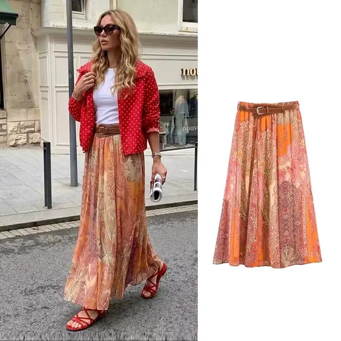Jupe polyester imprimé SFSHB&ZA coupe régulière mi-mollet été 2026 pour femmes polyvalente confortable occasions spéciales