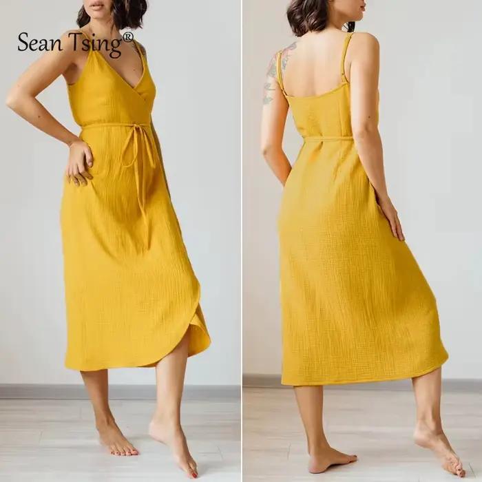 Robe élégante MCAO en gaze 100% coton col en V bandage sans manches pour soirées et fêtes estivales femmes trapèze ajustement réglable