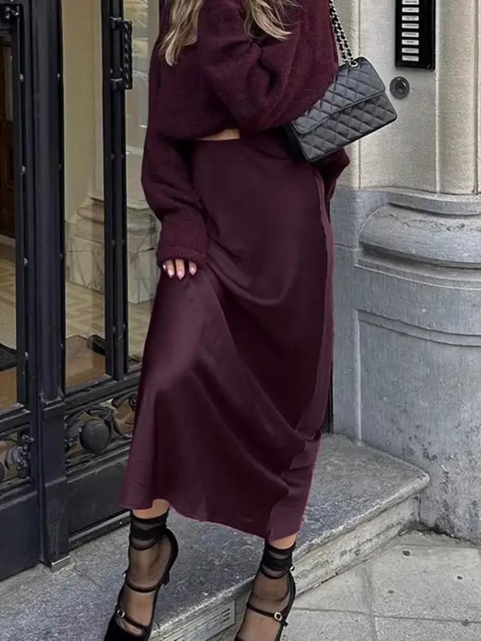 Bourgogne Satin mince jupes longues femmes été nouvelle taille haute fermeture éclair élégant a-ligne Faldas Streetwear mode Vintage jupe Midi