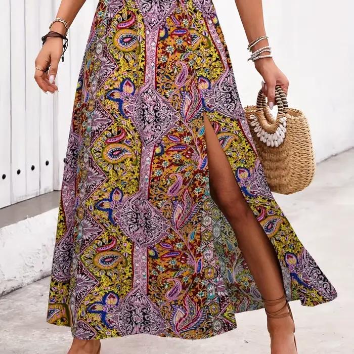 Jupe longue vintage bohème à imprimé ethnique pour femme