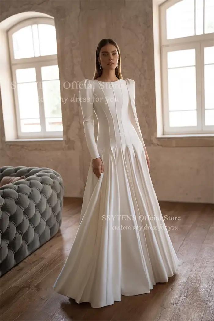 SSYTENS Chic blanc Satin robes de mariée manches longues