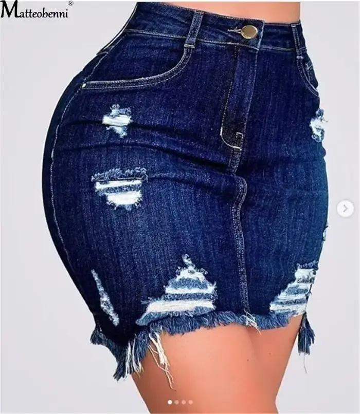 Automne femmes mode Denim jupe déchiré hanche en détresse taille haute bouton crayon jupes femme décontracté été jean