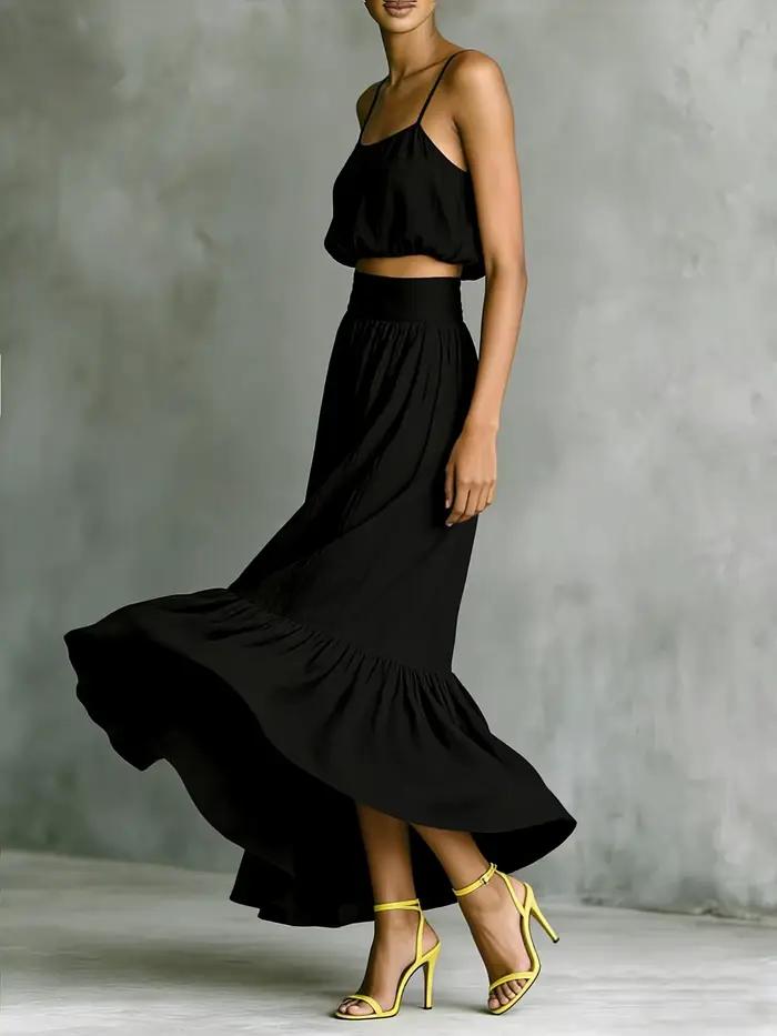 Ensemble jupe midi et haut à col halter pour femme avec large ourlet – Tenue élégante deux pièces