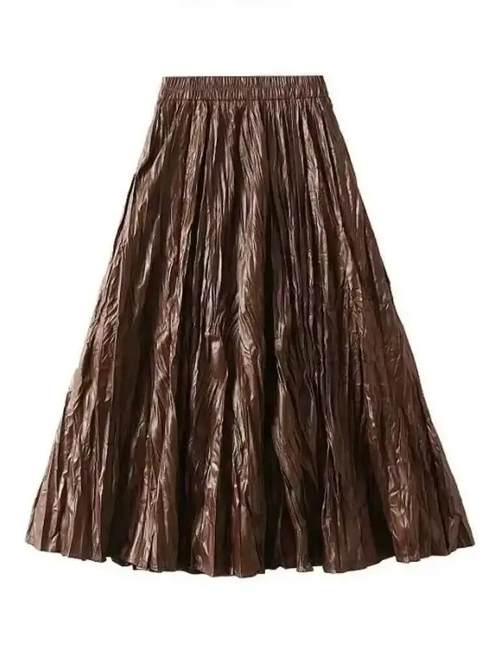 Jupe longue plissée en cuir PU pour femme