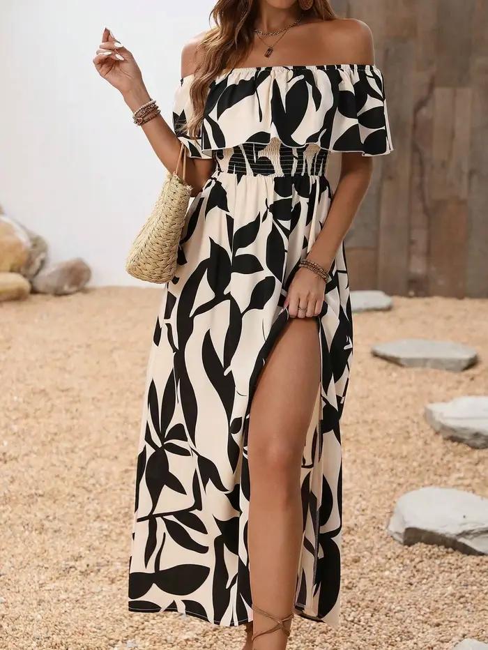 Jupe décontractée en polyester avec motif floral végétal pour femme, taille haute, longueur cheville, sans manches, pour été et vacances