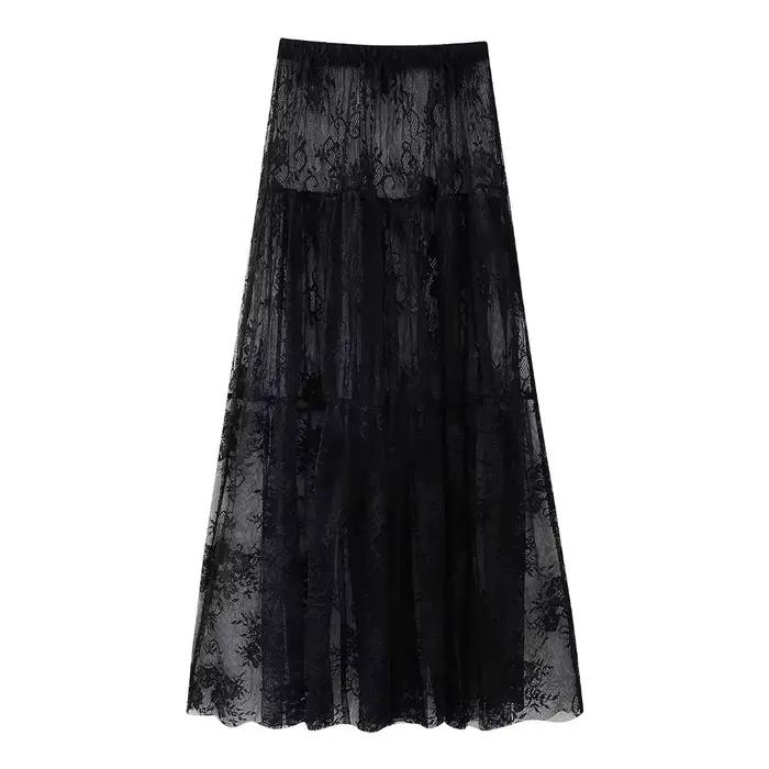 Jupe mi-longue taille haute en maille de dentelle noire pour femme