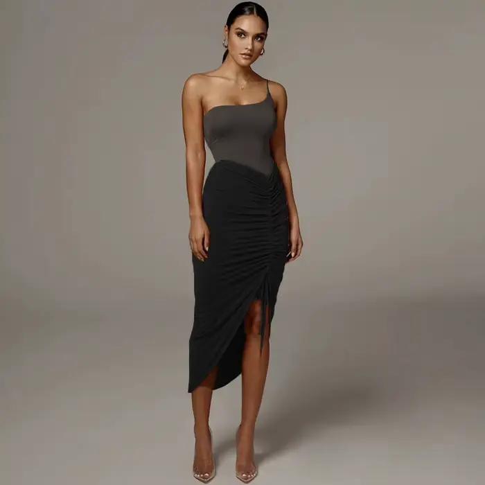 Jupe Asymétrique Vintage Polyester Élasthanne Taille Haute Plissée Mode Jupe Crayon Été Solide Enveloppement HanchesSexy Mince Jupes Irregulieres Pour Parties Soirées Fêtes Occasions Spéciales ```