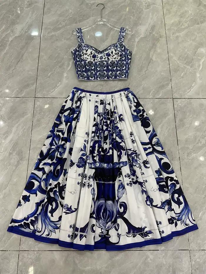 Boho 2 pièces ensemble femmes été 2025 bleu porcelaine imprimé haut et coton jupe Maxi concepteur plage vacances tenue