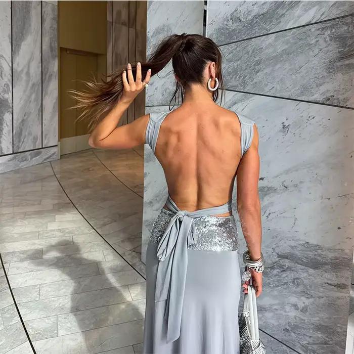 Jupe longue chic pour femmes élégante sans manches dos nu révélatrice du nombril vêtement de fête club nouvelles tenues
