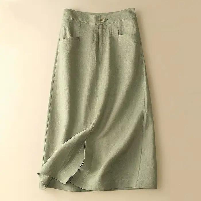 Jupe en lin mi-longue style artistique rétro décontractée pour mode printemps été jeunes adultes branchées