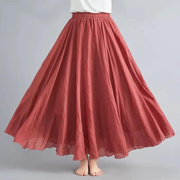 Jupe longue évasée en coton et lin de couleur unie pour femme