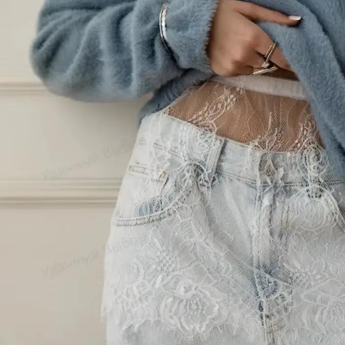 Mini-jupe sexy transparente en dentelle et résille