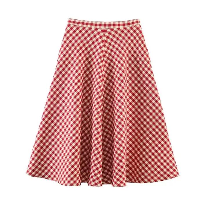 Jupe midi trapèze rouge à carreaux pour femme 2026 – Taille haute