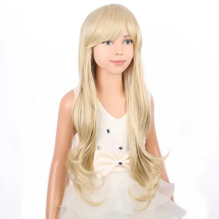 Perruque longue blonde ondulée pour enfants, perruque blonde avec frange pour filles, perruques longues blondes claires, perruque synthétique