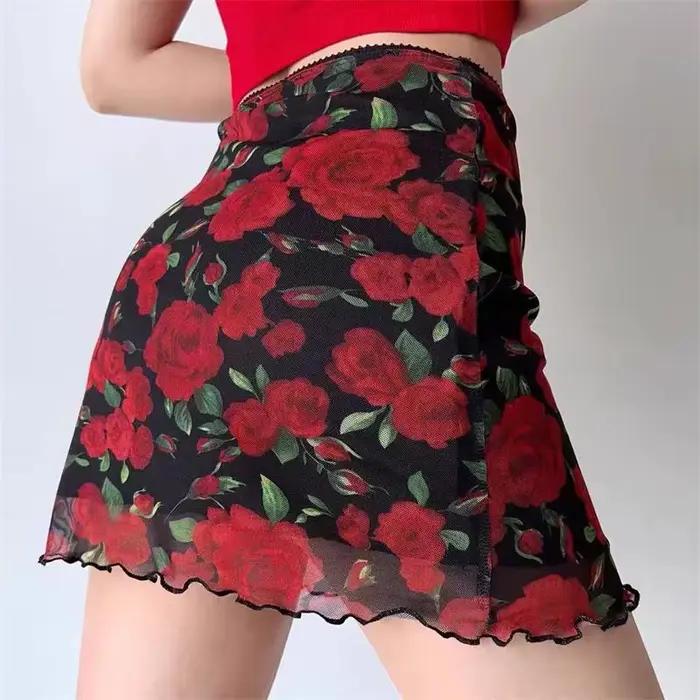 Mini jupe vintage à imprimé rose pour femme