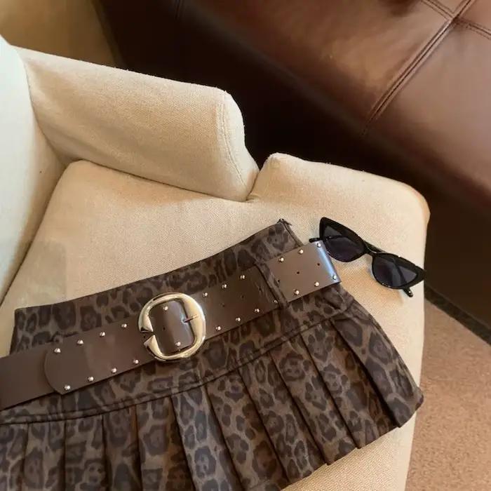 Jupe plissée taille haute et anti-éblouissement imprimé léopard américain pour filles chaudes