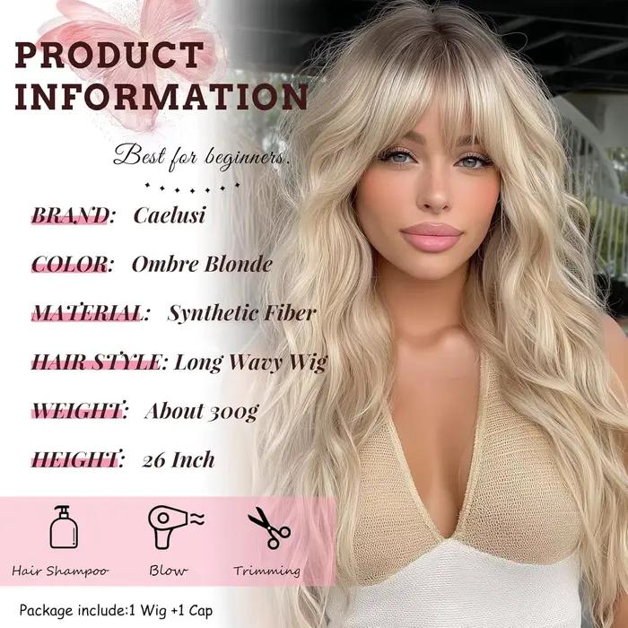 Perruque blonde ombrée avec frange, perruque longue ondulée, blonde platine, pour femmes avec racines foncées, perruques synthétiques naturelles, cheveux bouclés