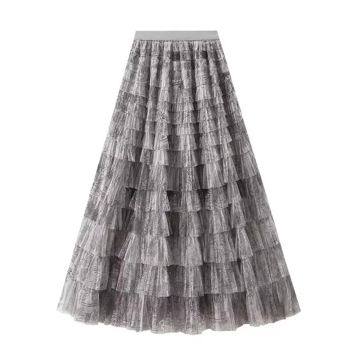 Jupe longue femme 2026 chic taille haute coupe trapèze en maille tie-dye avec patchwork et volants en tulle