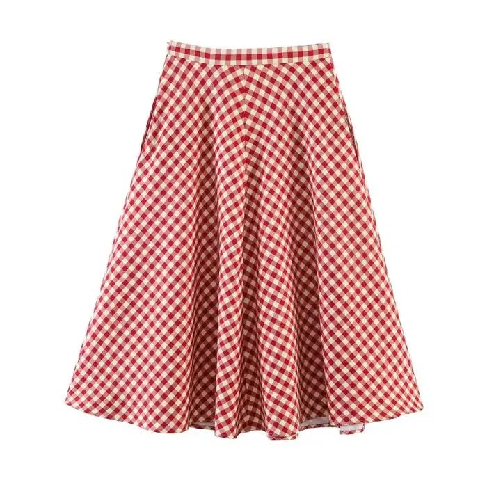 Jupe midi trapèze rouge à carreaux pour femme 2026 – Taille haute