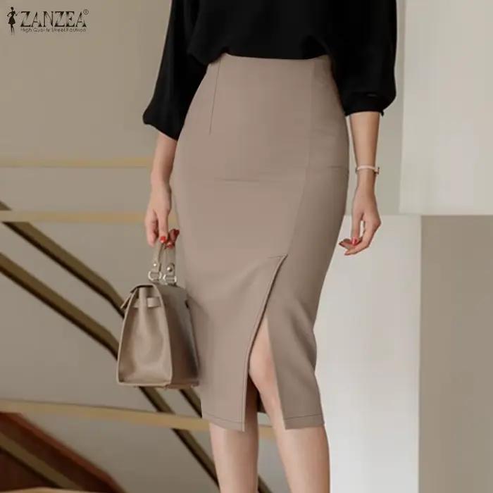 Jupe crayon mi-longue taille haute pour femme ZANZEA