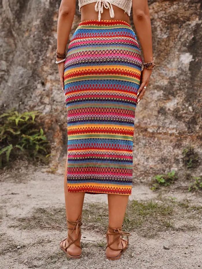 Jupe midi rayée arc-en-ciel bohème pour femmes