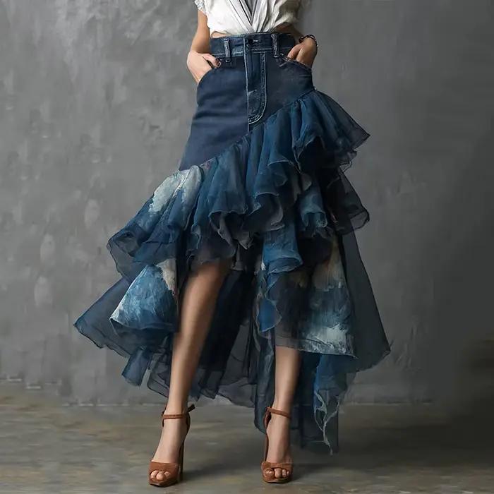 Jupe longue asymétrique en jean patchwork à volants taille haute avec superposition de tulle transparent pour femme – Tenues de mode féminines