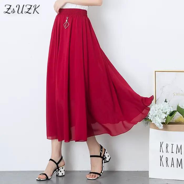 ZUZK Version coréenne a-ligne grande balançoire jupe en mousseline de soie taille élastique femmes été nouvelle couleur