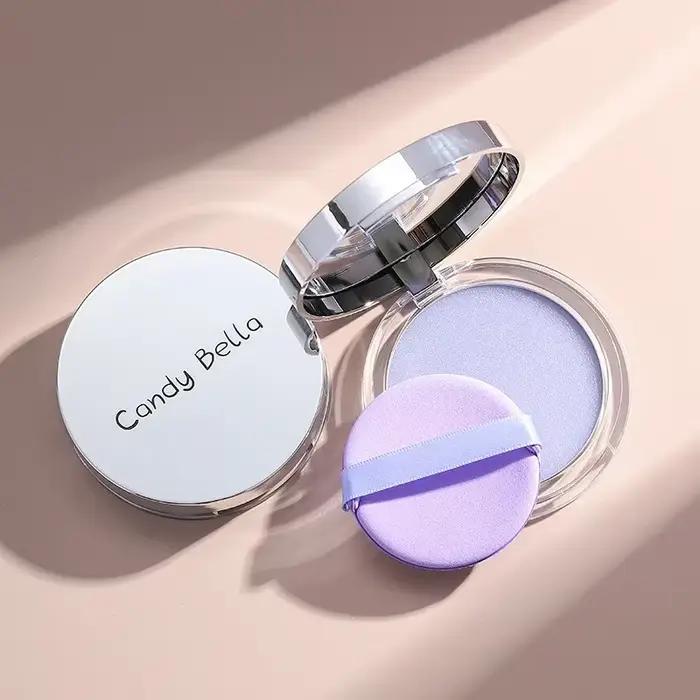 Poudre à réglage mat durable, contrôle de l'huile, poudre pressée à paillettes violettes, éclaircissante pour le visage, gelée, fond de teint Compact, maquillage