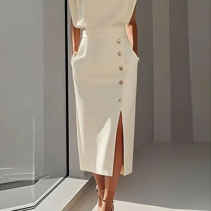Krisstarsgirls jupe Midi élégante pour femmes 2025 été fendu-joint bureau travail fête anniversaire taille haute bouton
