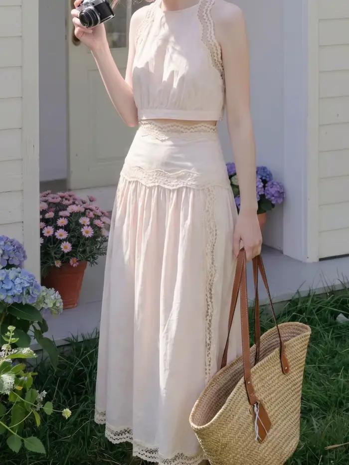 Jupe mi-longue évasée à taille haute femme décontractée en coton avec bordure en dentelle pour printemps été occasions estivales