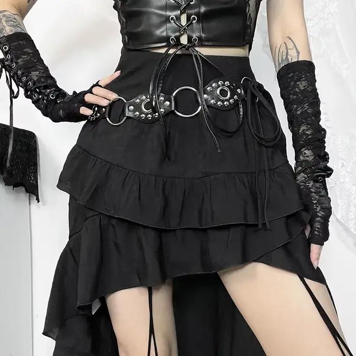 Jupe gothique Kawaii noir à plusieurs niveaux avec ourlet irrégulier pour femmes mode traînant années 90 rétro gothique alternative