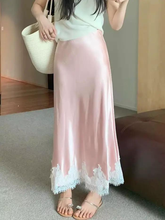 Jupe longue élégante femme taille haute dentelle satiné occassions spéciales printemps été accueil