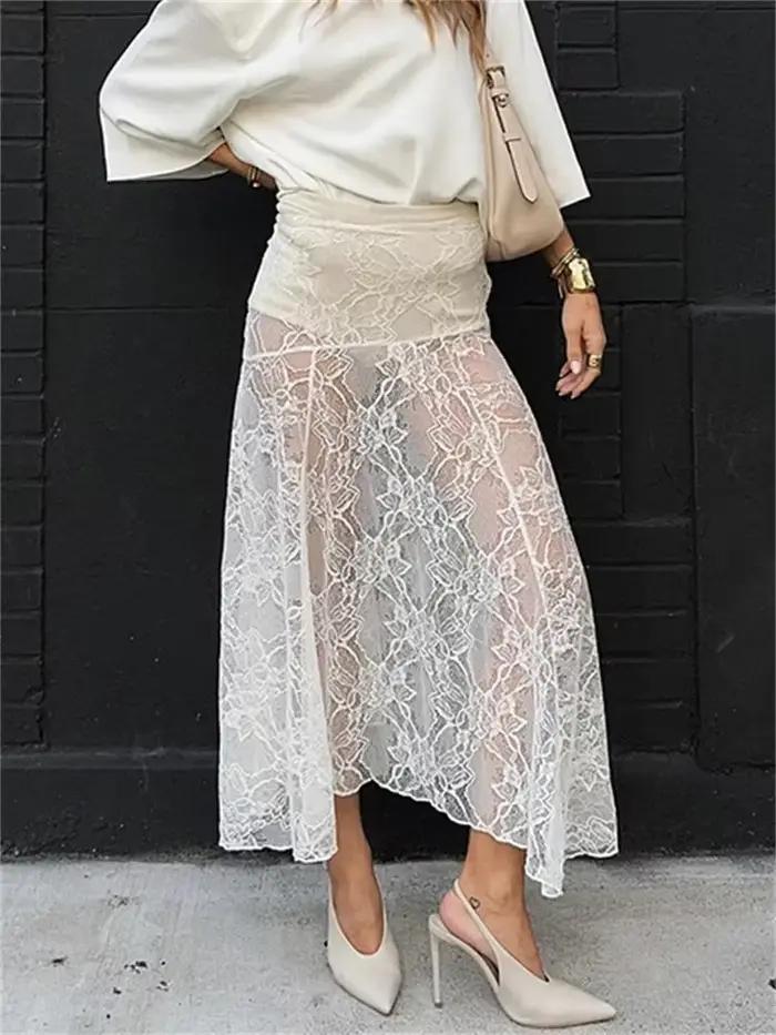 Jupe longue transparente en dentelle imprimée pour femme