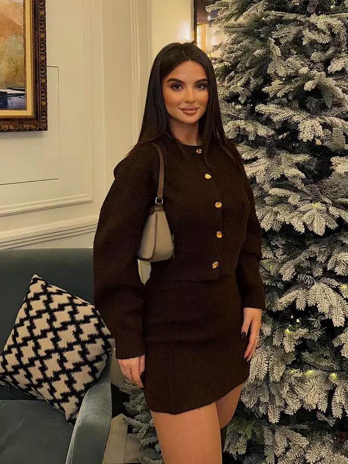 HH femmes jupe costume Chic col rond tricoté à manches longues simple boutonnage poche Cardigan + mode taille élastique