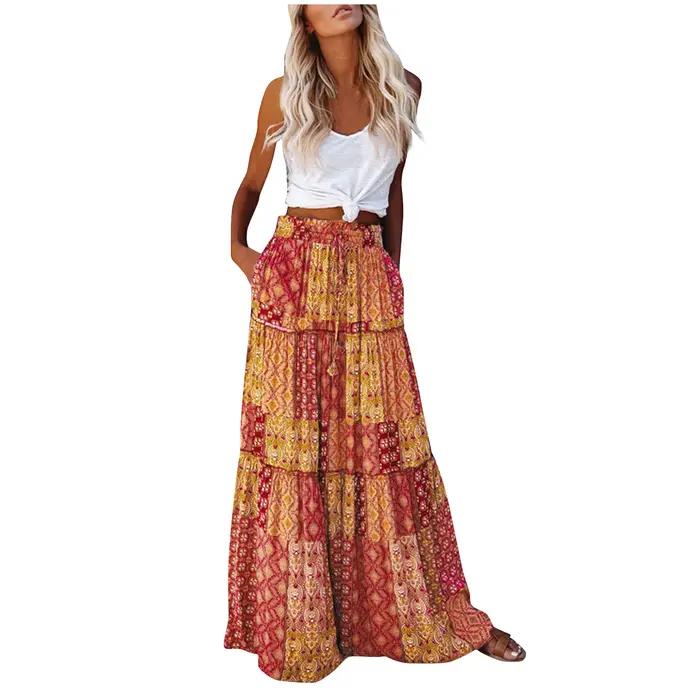 Jupe plissée taille haute à imprimé fleuri bohème pour femmes