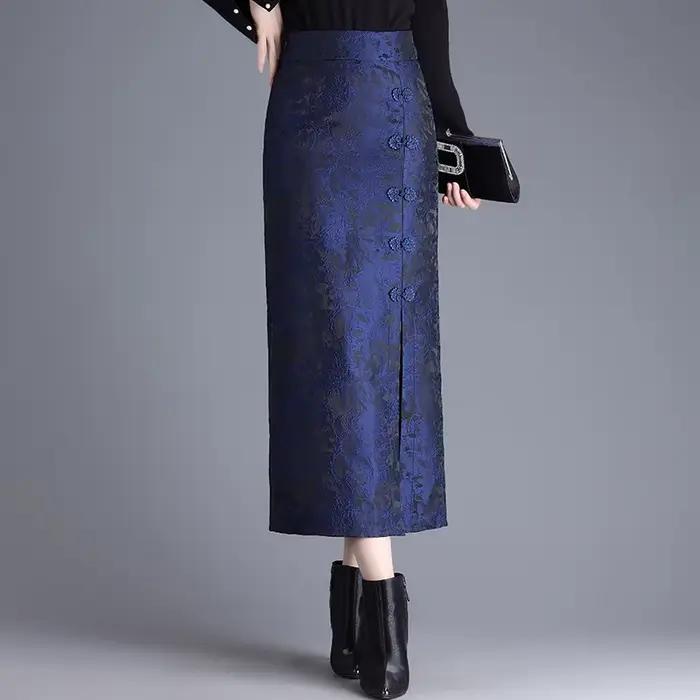 ZUZK Jacquard Noble élégant longue jupe droite nouvelle taille élastique mince automne femmes rétro Wrap mi-longue