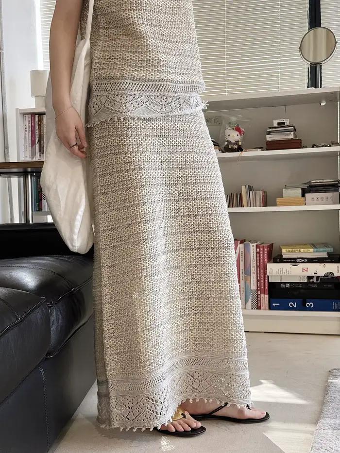 Nouvelle jupe longue ample en micro-maille évidée à taille élastique coupe trapèze pour femme