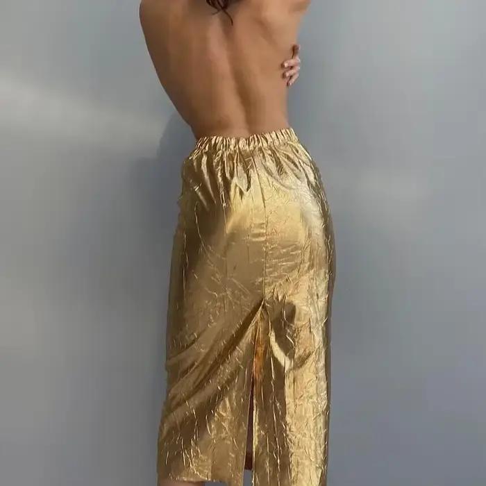 Jupe midi taille haute dorée pour femmes
