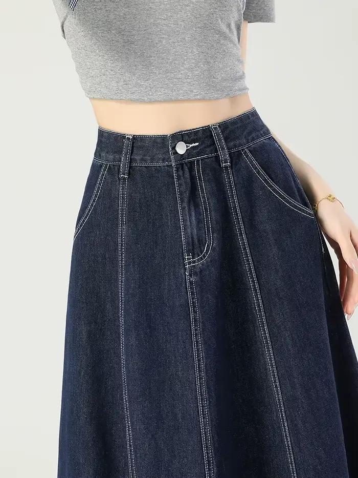 GUUZYUVIZ bleu profond taille haute Vintage a-ligne Denim Midi jupes femmes mode coréenne décontracté épissure lavage jean jupe femme