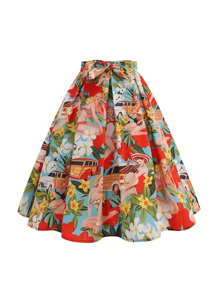 Jupe d'été imprimée florale femmes taille haute Swing années 50 Vintage rétro Rockabilly Midi jupes plissées Faldas