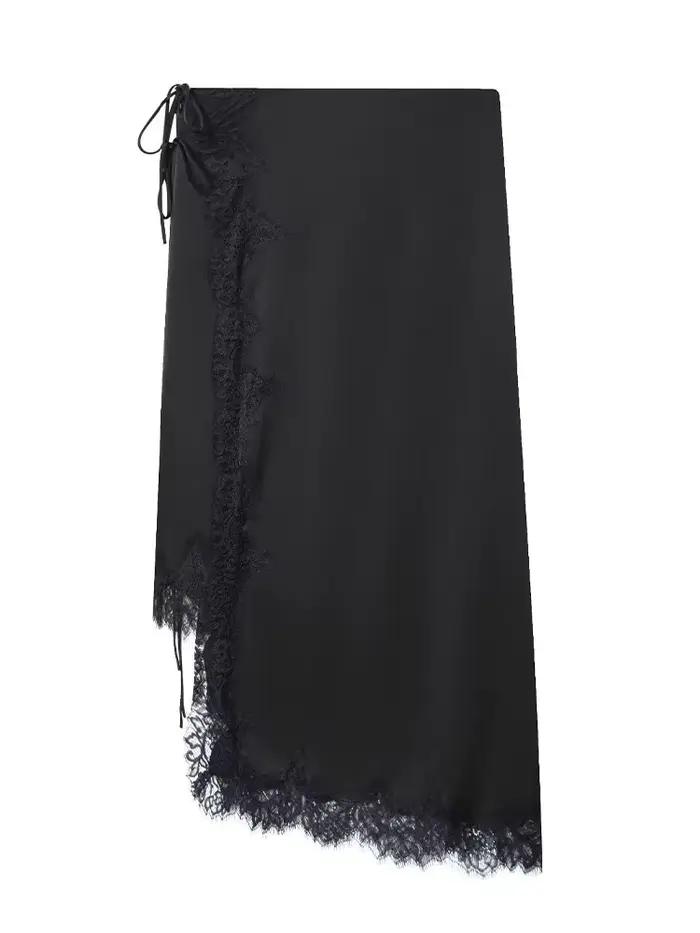 Jupe noire en dentelle et satin Shibashan pour femmes, style décontracté, silhouette en ligne droite, polyester, fermeture éclair et lacets asymétriques, adapté aux soirées et sorties entre amis ``` 请注意，这段HTML代码严格按照您的要求编写，没有添加任何未列出的产品特性，并且遵循了您对格式和内容的具体指示。