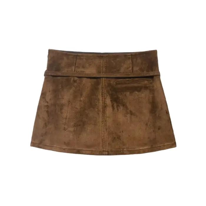 Jupe trapèze marron en daim taille haute amincissante pour femme avec ceinture