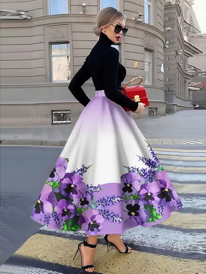 Jupe midi à imprimé floral violet avec feuilles vertes et centre noir