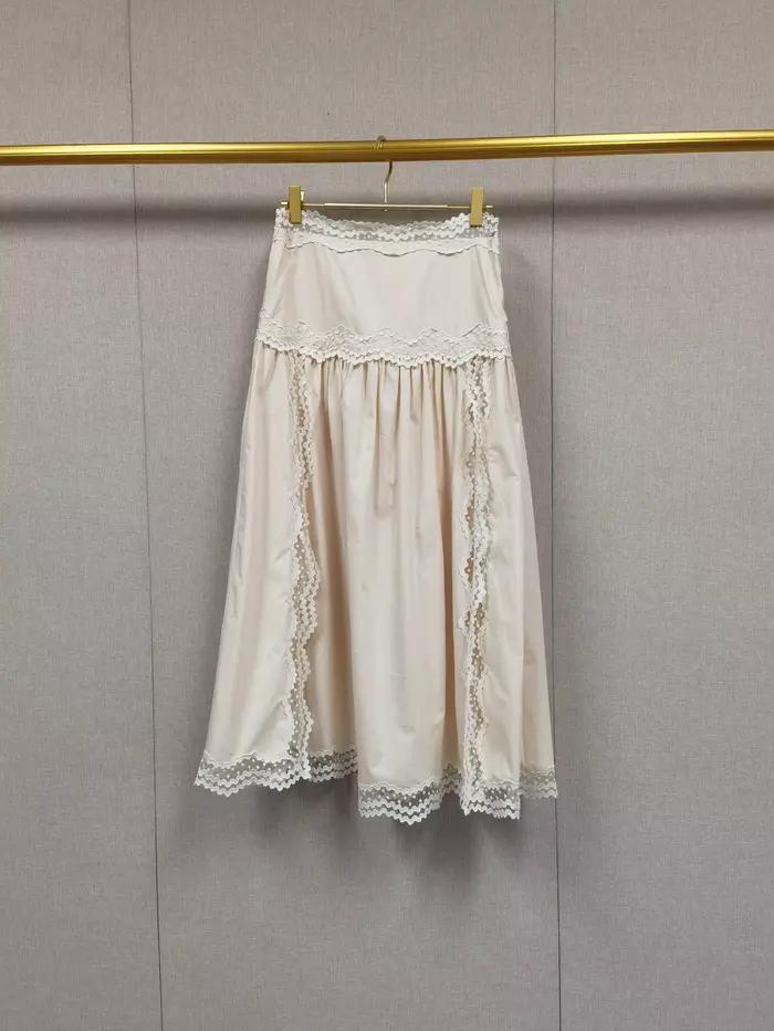 Jupe mi-longue évasée à taille haute femme décontractée en coton avec bordure en dentelle pour printemps été occasions estivales