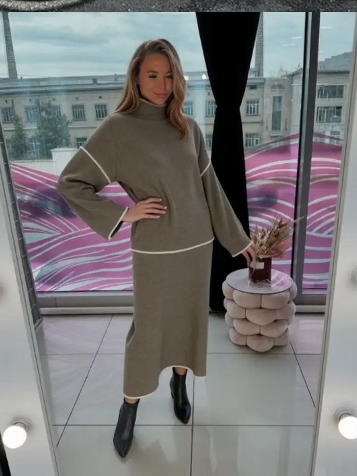 Ensemble pull Chic à col roulé et jupe longue pour femme
