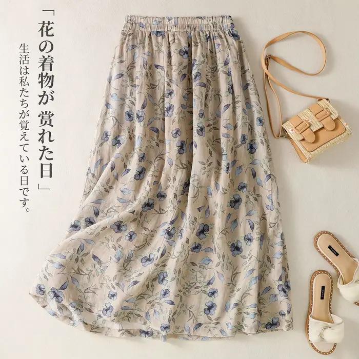 Jupe en coton et lin imprimée style ethnique pour femme