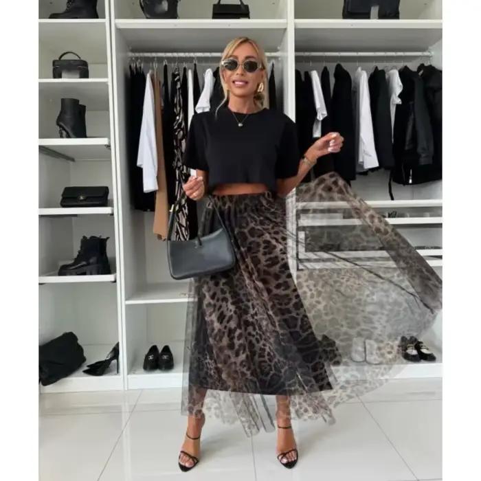 Jupe léopard imprimée pour femmes, drap fin polyester et élasthanne, ajustement lâche, style streetwear, nouvelle collection automne-hiver 2024, longueur cheville, tricoté