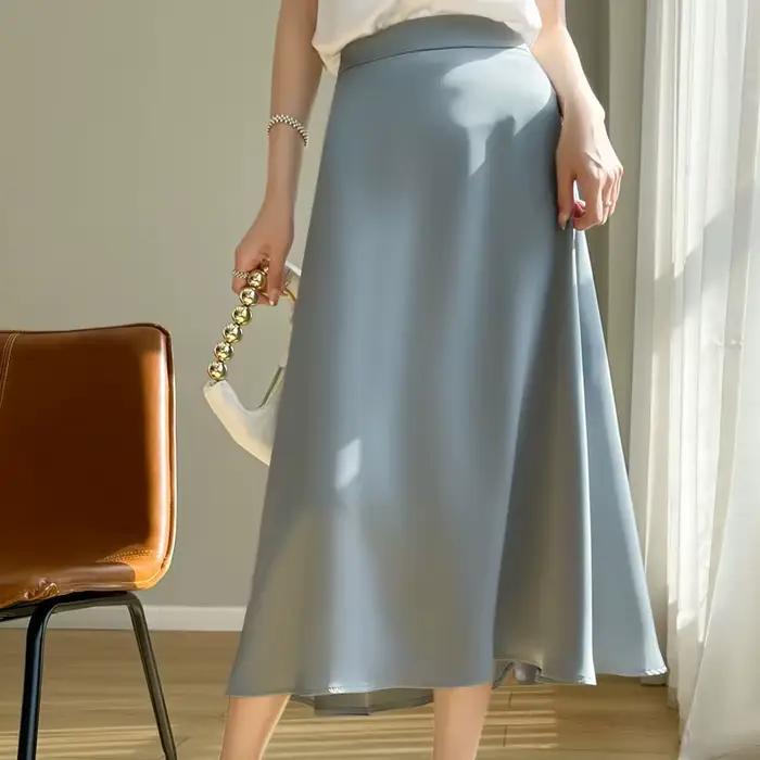 Jupe mi-longue trapèze en satin acétique pour femme, décontractée, coupe slim, idéale printemps-été, rayonne et élasthanne, tailles M, L', XL, XXL