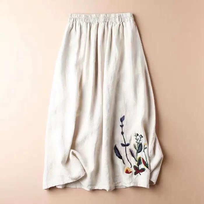Jupe mi-longue évasée vintage en coton et lin brodée de fleurs pour femme