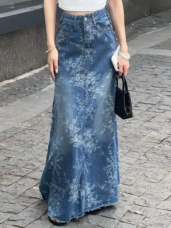 Jupe mi-longue en Denim à fleurs pour femmes